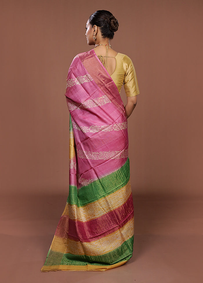 Pink Handloom Tussar Pure Silk Saree With Blouse Piece