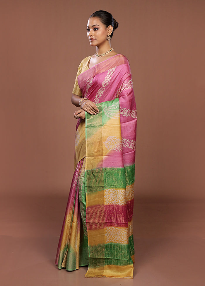 Pink Handloom Tussar Pure Silk Saree With Blouse Piece