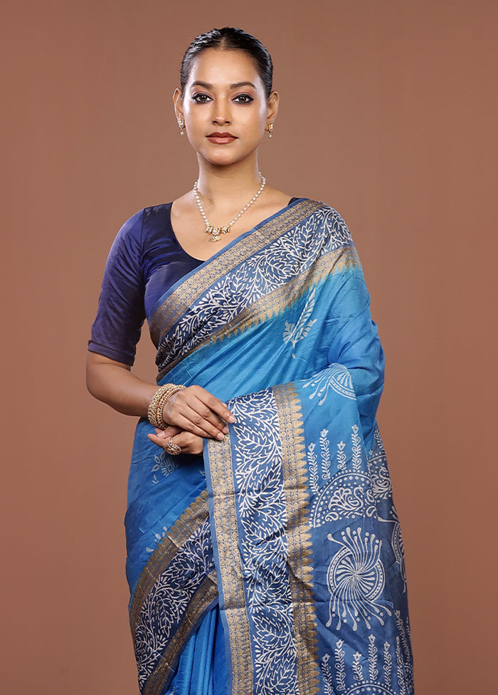Blue Printed Pure Silk Saree Without Blouse Piece