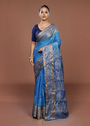 Blue Printed Pure Silk Saree Without Blouse Piece