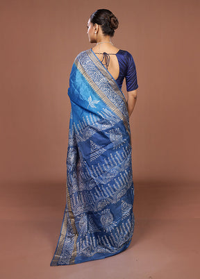 Blue Printed Pure Silk Saree Without Blouse Piece