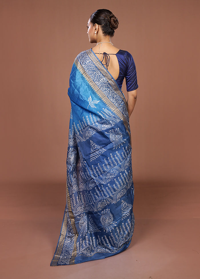 Blue Printed Pure Silk Saree Without Blouse Piece