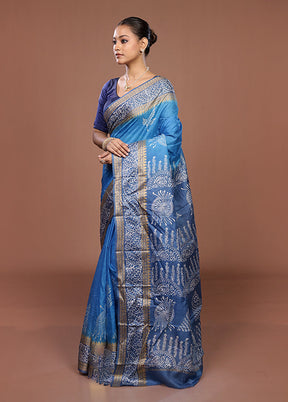 Blue Printed Pure Silk Saree Without Blouse Piece