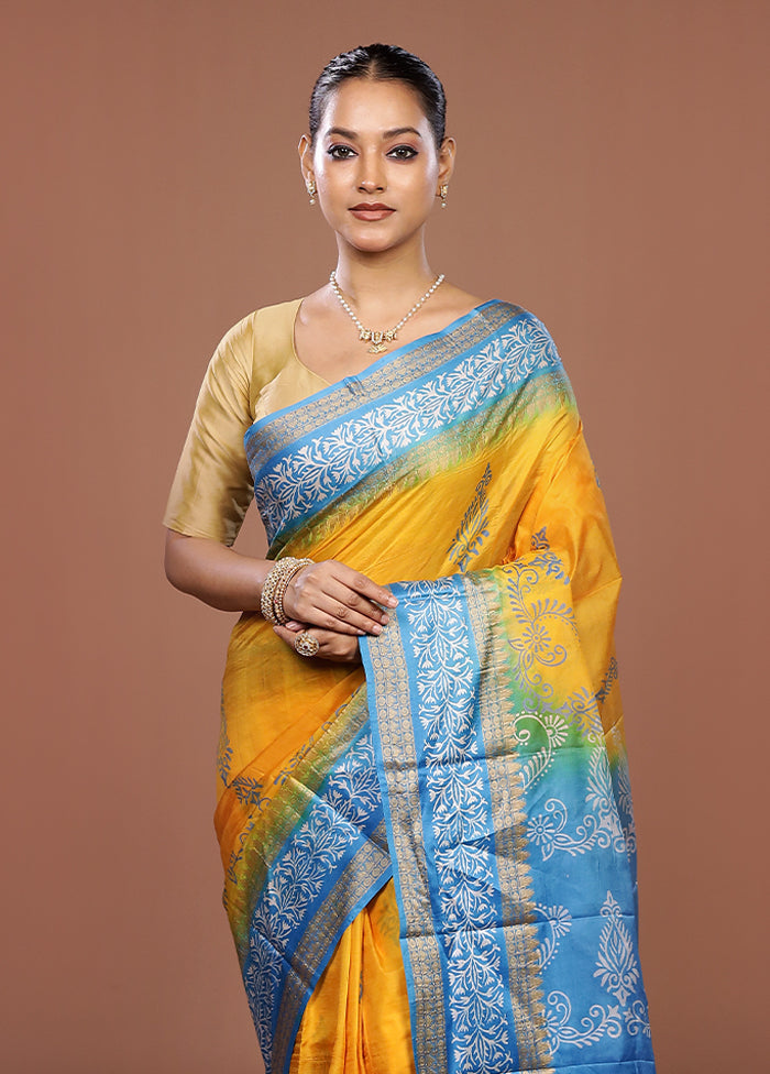 Yellow Printed Pure Silk Saree Without Blouse Piece