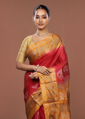 Red Printed Pure Silk Saree Without Blouse Piece