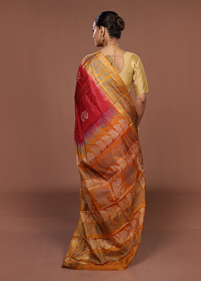Red Printed Pure Silk Saree Without Blouse Piece