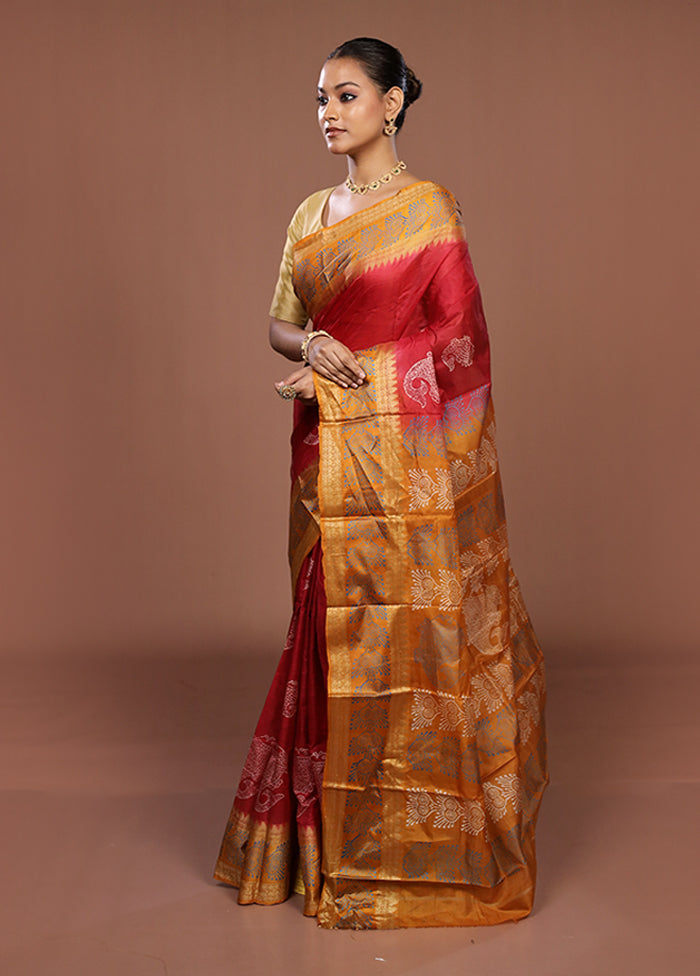 Red Printed Pure Silk Saree Without Blouse Piece