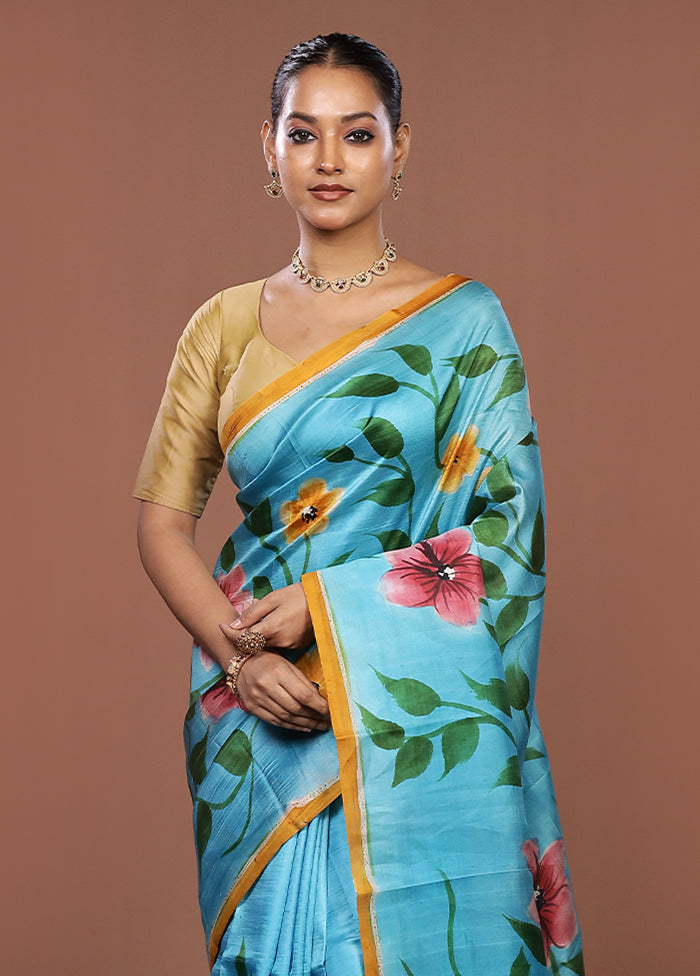 Blue Printed Pure Silk Saree Without Blouse Piece