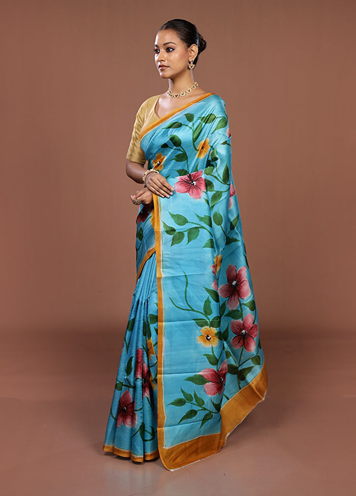 Blue Printed Pure Silk Saree Without Blouse Piece