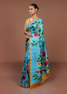Blue Printed Pure Silk Saree Without Blouse Piece