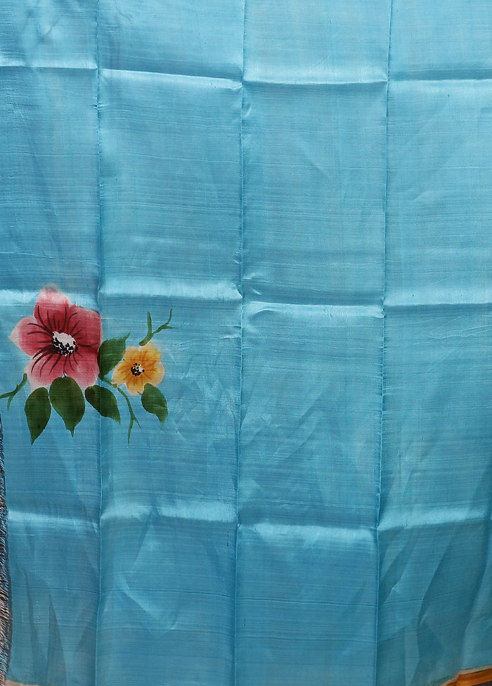 Blue Printed Pure Silk Saree Without Blouse Piece