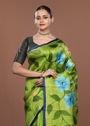 Blue Printed Pure Silk Saree Without Blouse Piece