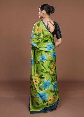 Blue Printed Pure Silk Saree Without Blouse Piece