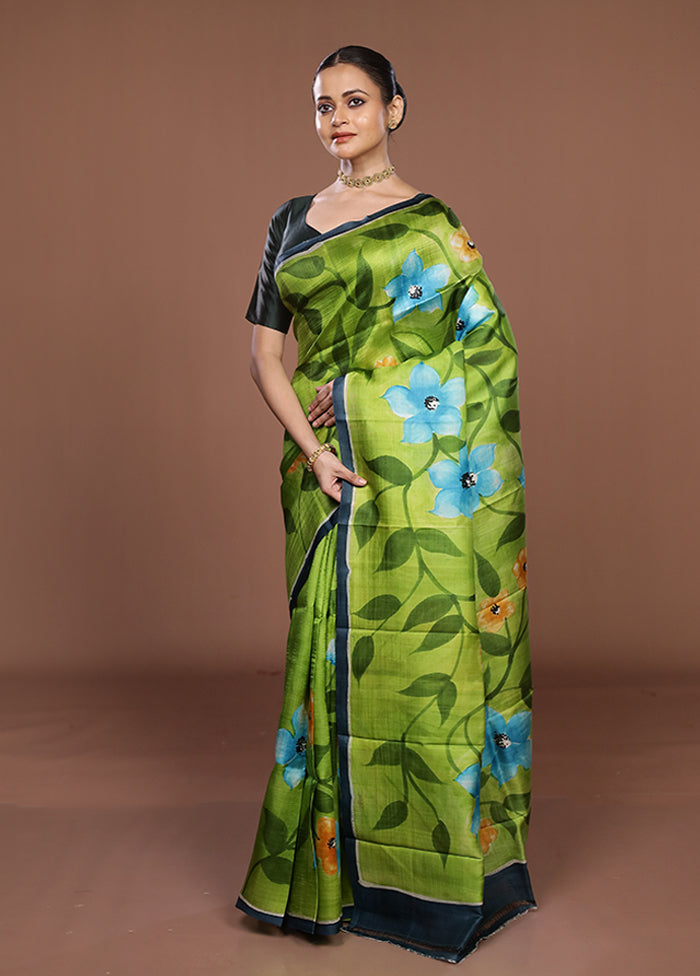 Blue Printed Pure Silk Saree Without Blouse Piece