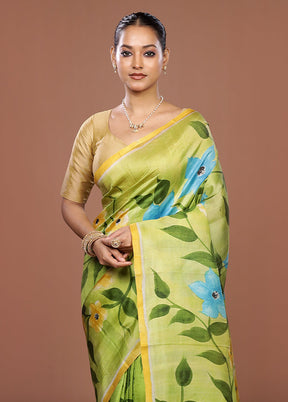 Green Printed Pure Silk Saree Without Blouse Piece