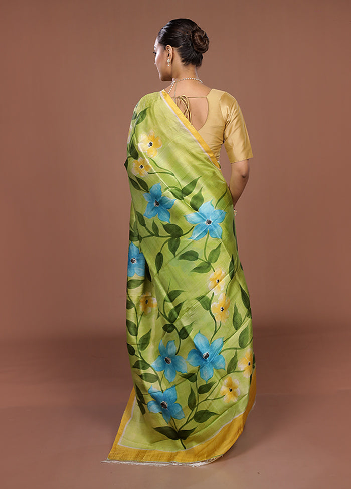 Green Printed Pure Silk Saree Without Blouse Piece