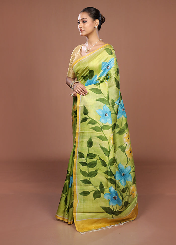 Green Printed Pure Silk Saree Without Blouse Piece