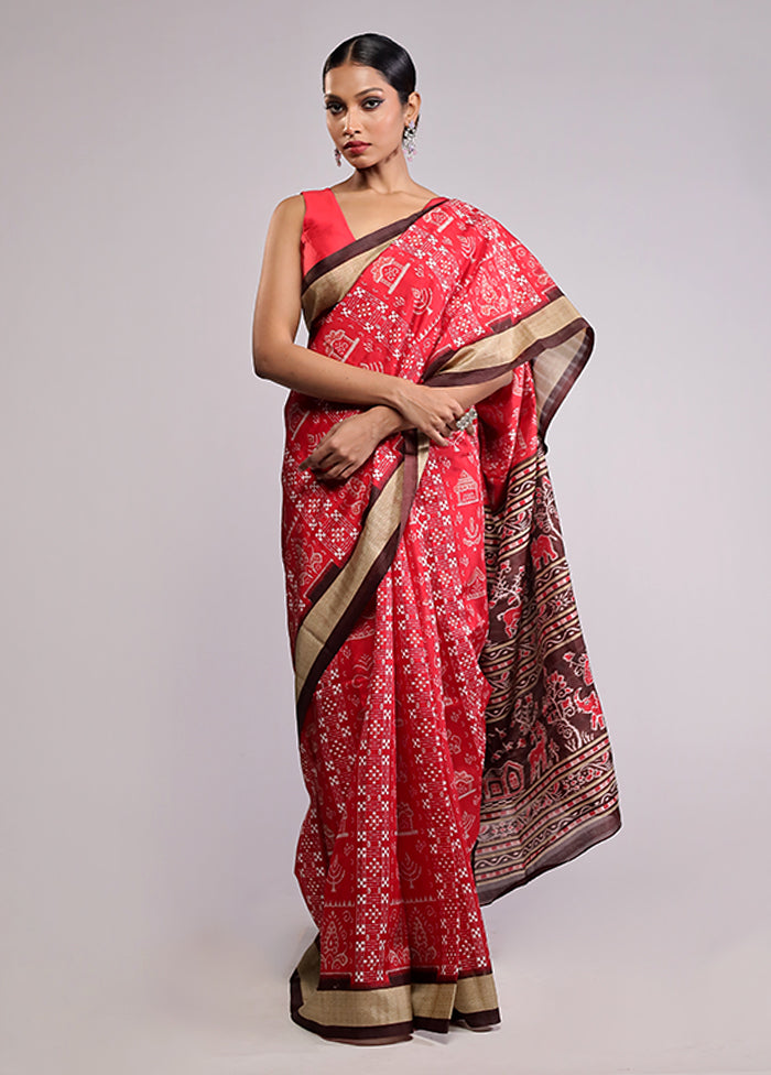 Red Dupion Silk Saree With Blouse Piece
