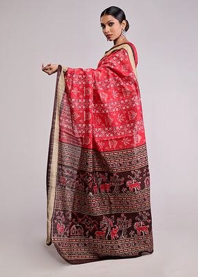 Red Dupion Silk Saree With Blouse Piece