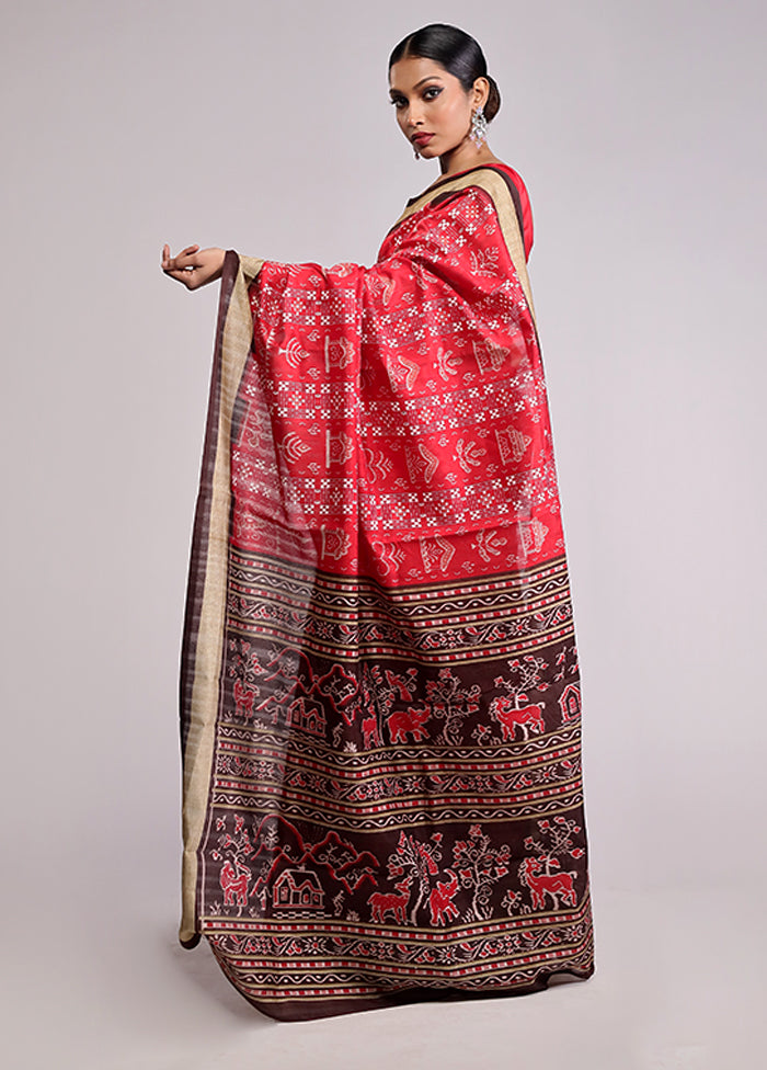 Red Dupion Silk Saree With Blouse Piece