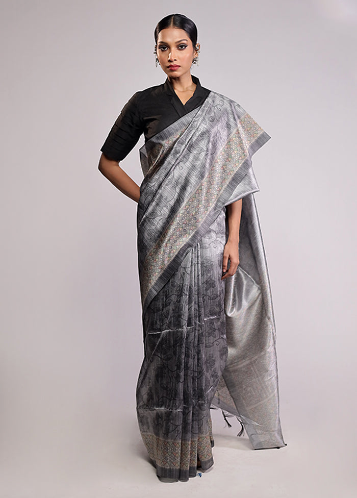 Grey Tussar Silk Saree With Blouse Piece