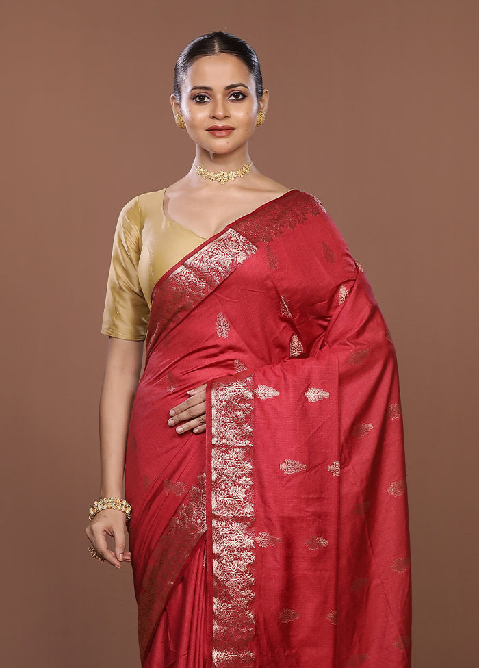 Maroon Dupion Silk Saree With Blouse Piece
