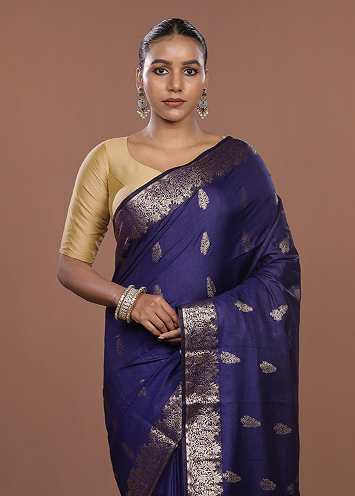 Blue Dupion Silk Saree With Blouse Piece