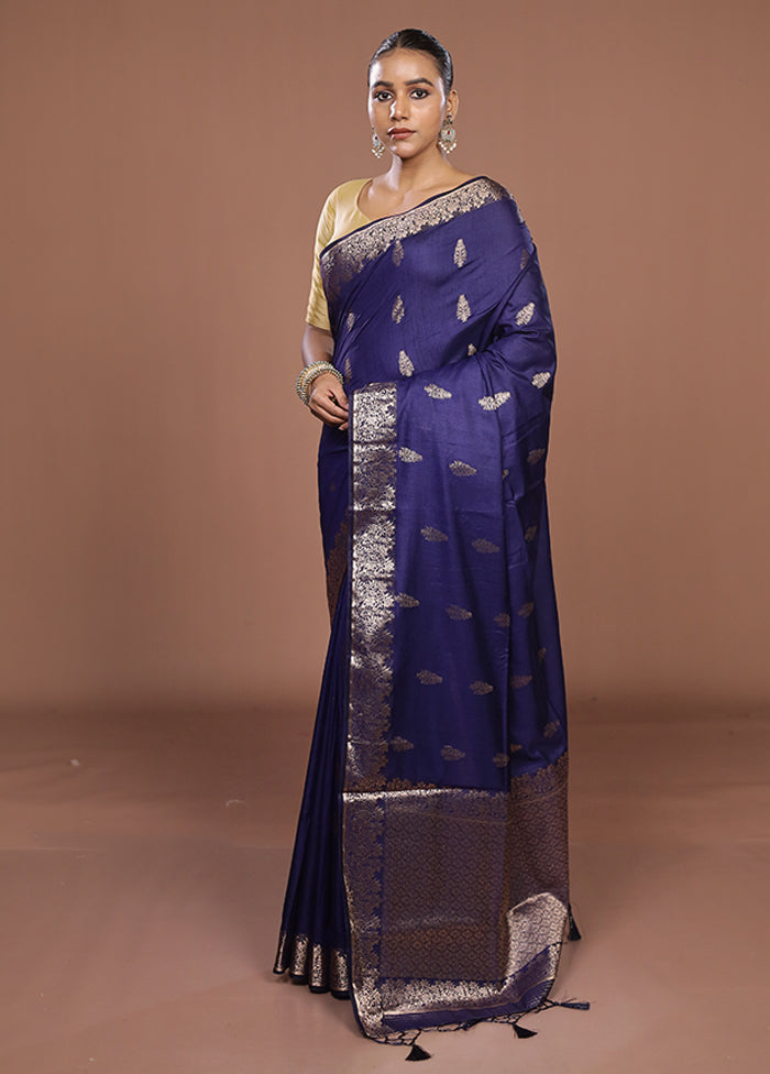 Blue Dupion Silk Saree With Blouse Piece