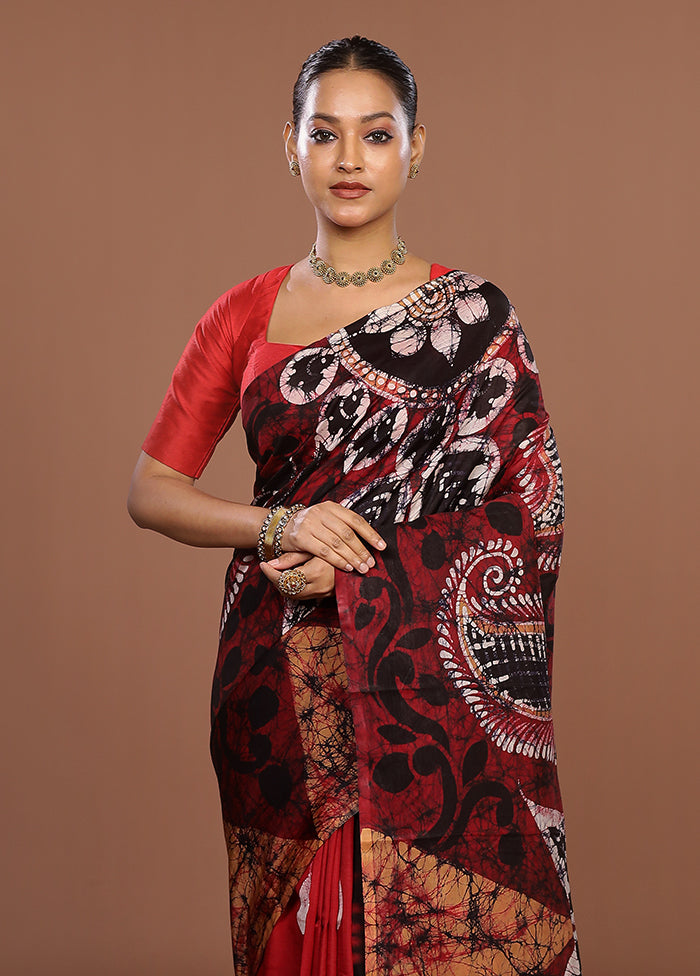 Maroon Printed Silk Saree Without Blouse Piece
