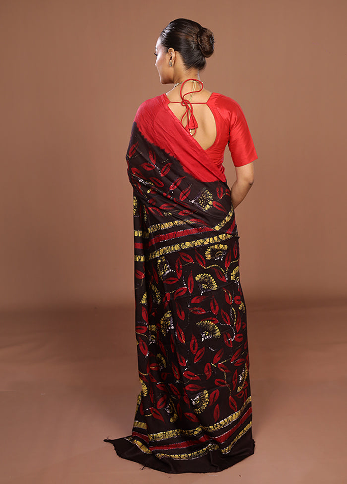 Black Printed Silk Saree Without Blouse Piece