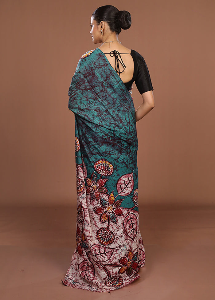 Green Printed Silk Saree Without Blouse Piece