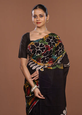 Black Printed Silk Saree Without Blouse Piece