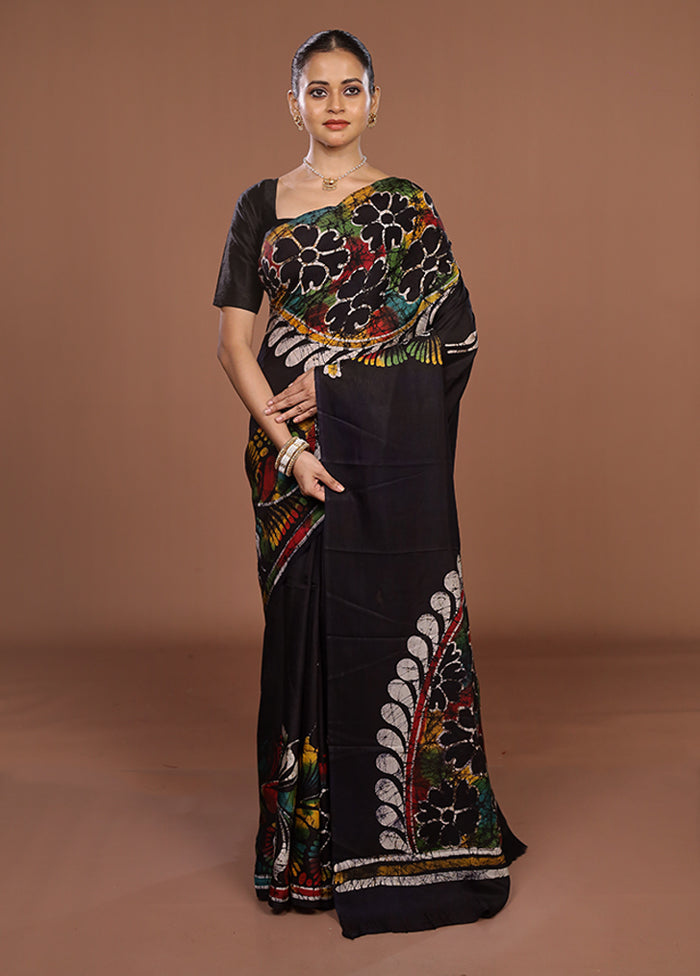 Black Printed Silk Saree Without Blouse Piece