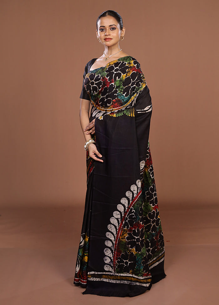 Black Printed Silk Saree Without Blouse Piece