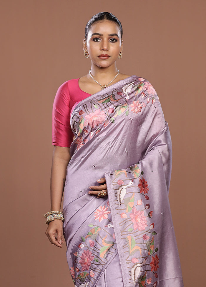 Purple Dupion Silk Saree With Blouse Piece
