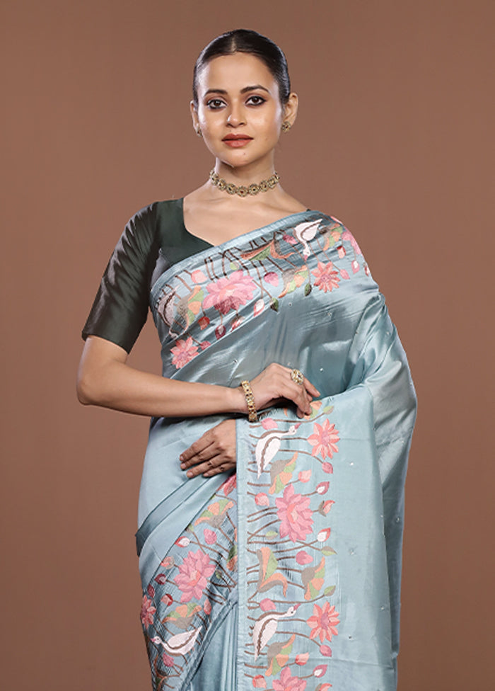 Green Dupion Silk Saree With Blouse Piece