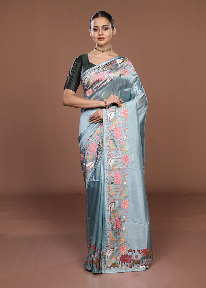 Green Dupion Silk Saree With Blouse Piece