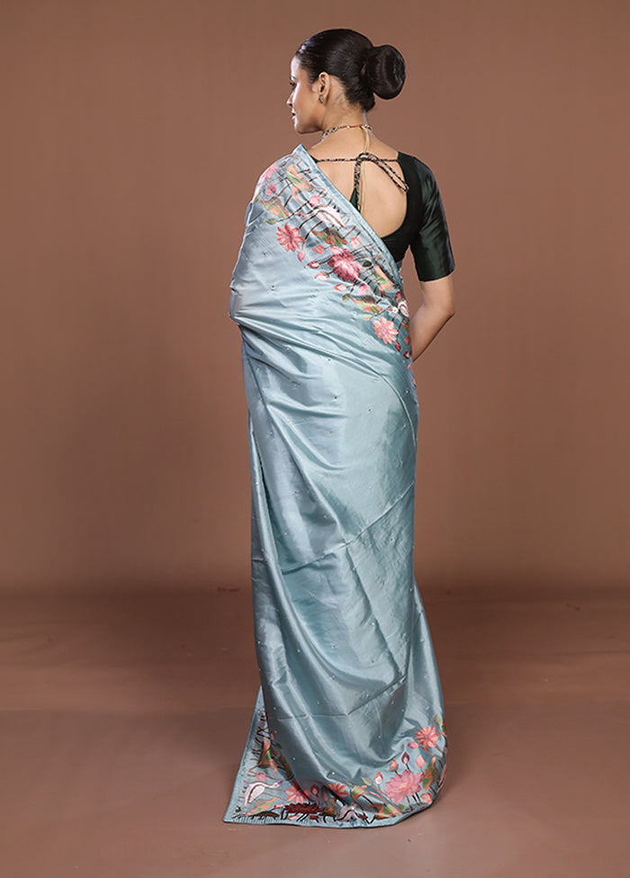 Green Dupion Silk Saree With Blouse Piece