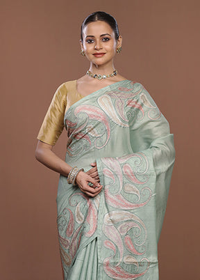 Green Dupion Silk Saree With Blouse Piece