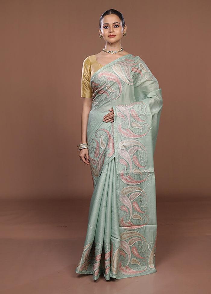 Green Dupion Silk Saree With Blouse Piece