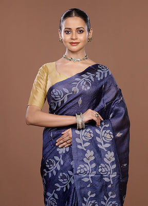 Blue Handloom Tussar Pure Silk Saree With Blouse Piece