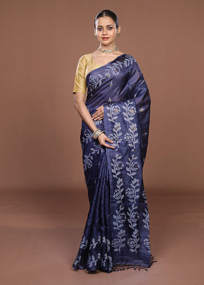 Blue Handloom Tussar Pure Silk Saree With Blouse Piece