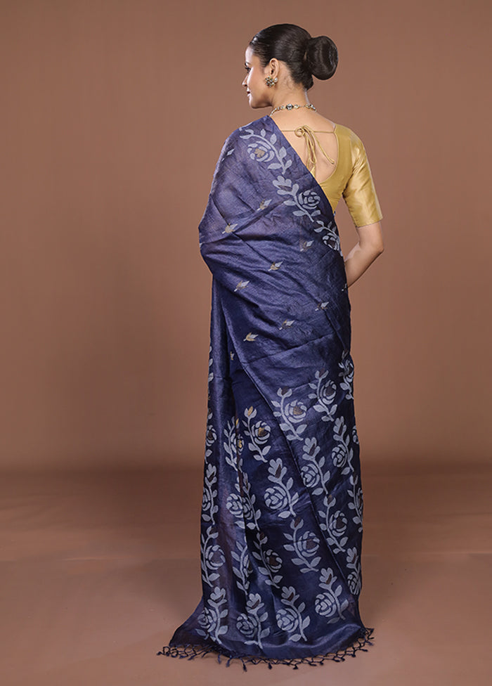 Blue Handloom Tussar Pure Silk Saree With Blouse Piece