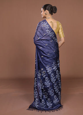 Blue Handloom Tussar Pure Silk Saree With Blouse Piece
