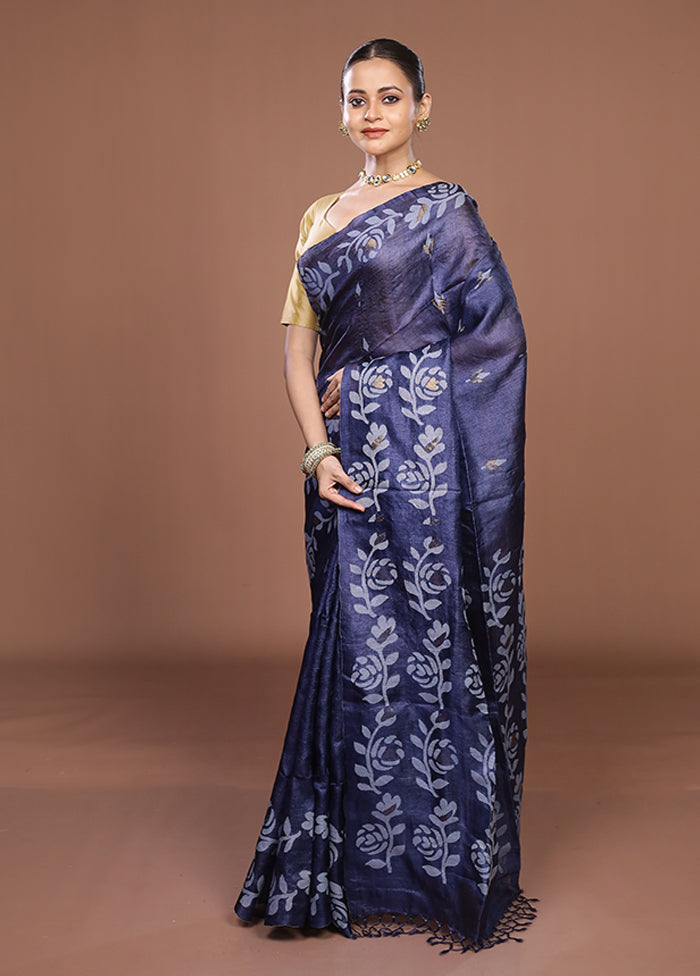 Blue Handloom Tussar Pure Silk Saree With Blouse Piece
