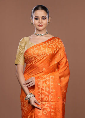 Orange Handloom Tussar Pure Silk Saree With Blouse Piece