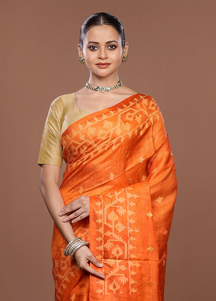 Orange Handloom Tussar Pure Silk Saree With Blouse Piece