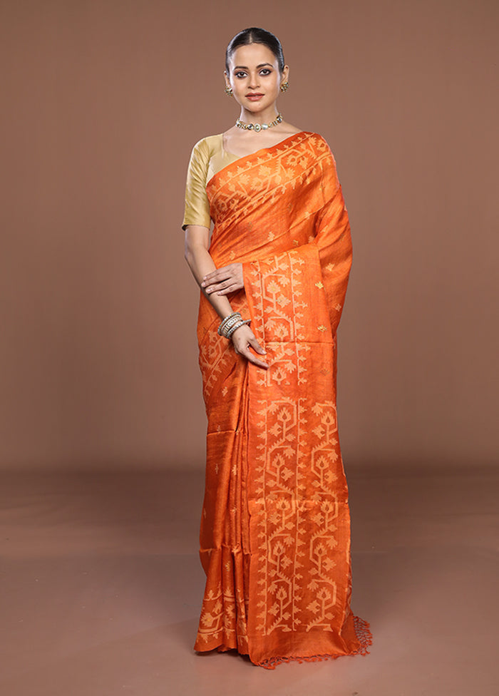 Orange Handloom Tussar Pure Silk Saree With Blouse Piece