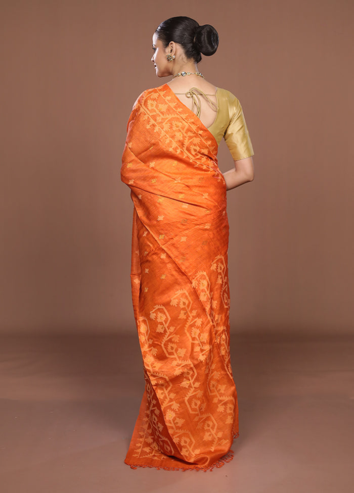 Orange Handloom Tussar Pure Silk Saree With Blouse Piece