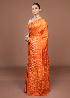 Orange Handloom Tussar Pure Silk Saree With Blouse Piece